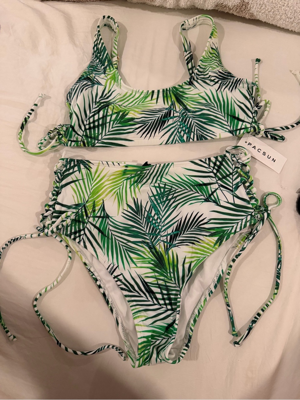 PacSun White Bikini Set with Green Tropical Leaf Print